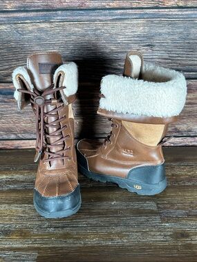 UGG Kids Butte II boots, Brown Leather Shearling-Trim Lace-Up Boots